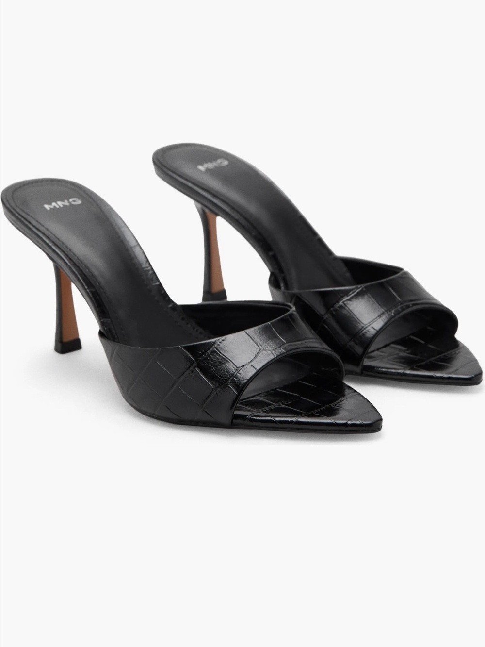 Mango Black Croc-Embossed Pointed Slide Heels